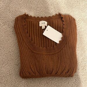 Brown Ribbed Sweater with Scalloped Neckline